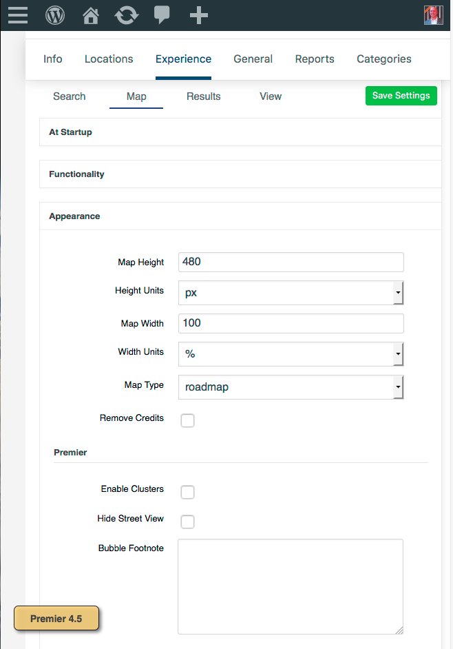 Premier 4.5 Experience Map Settings